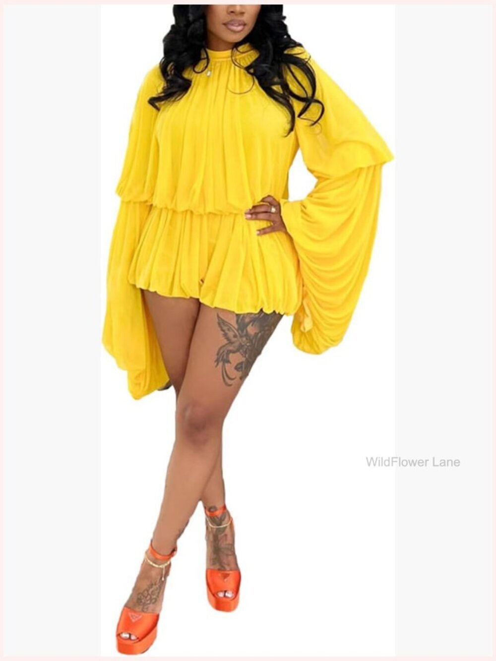 Two Piece Chiffon Short Set Mock Neck Bell Sleeve Blouse Bubble Shorts Outfits